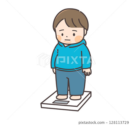 一個胖胖的男孩測量體重的插圖 128113729