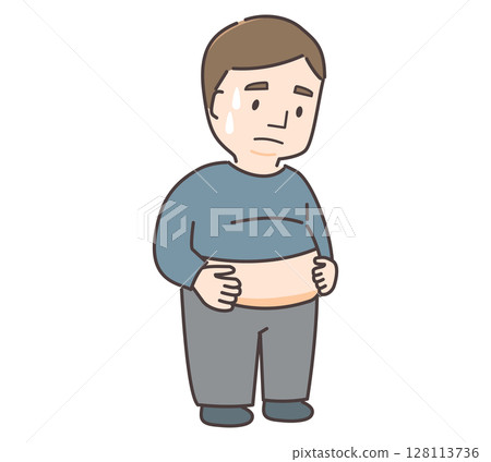 一位擔心自己胃部的中年男子的插圖 128113736