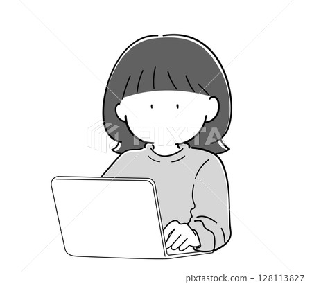 Generation Z girl using a computer (monochrome) 128113827