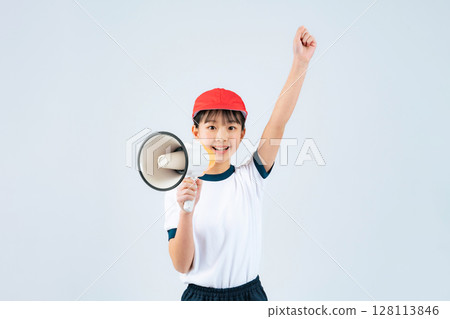 A girl wearing gym clothes cheering with a loudspeaker A girl wearing gym clothes cheering with a loudspeaker 128113846