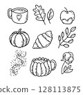 Autumn doodle set with pumpkin, croissant, cup of coffee, garland and leaves.  128113875
