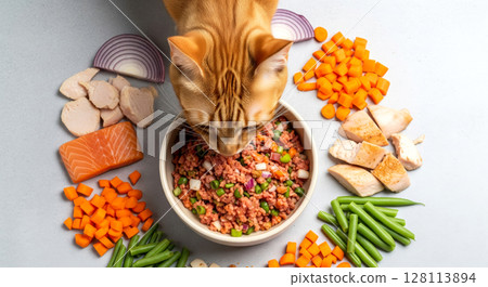 Orange cat enjoying a nutritious meal surrounded by fresh ingredients. Healthy pet food and raw diet concept. 128113894