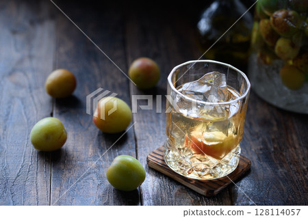 Plum wine on the rocks and the transparency of unripe plums A modern Japanese cool breeze image Plum wine on the rocks and the transparency of unripe plums A modern Japanese cool breeze image 128114057