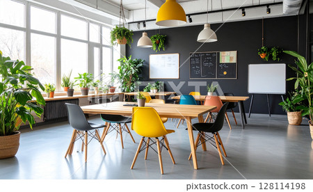 A stylish cafe-style coworking space surrounded by greenery 128114198