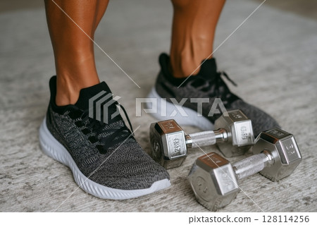 In a living room, an active Asian man wearing a T-shirt and shorts performs a crunch exercise with dumbbells visible in pictures on the floor 128114256