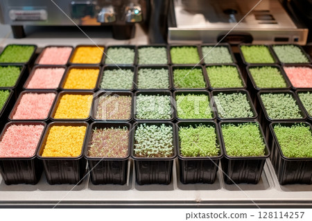 Fresh microgreens arranged in black trays are a modern kitchen staple 128114257