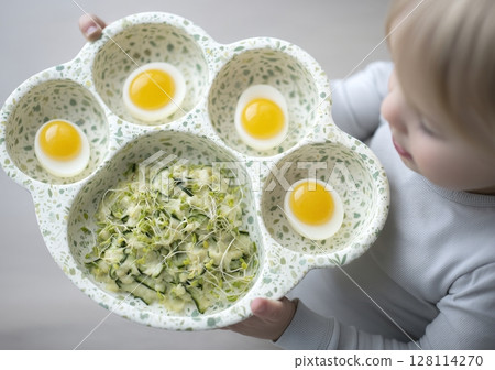A young kid seated at the kids' table will be consuming nutritious food made from sprouted grains and eggs, along with vegetarian microgreens, all rich in vitamins and minerals, as seen from above 128114270
