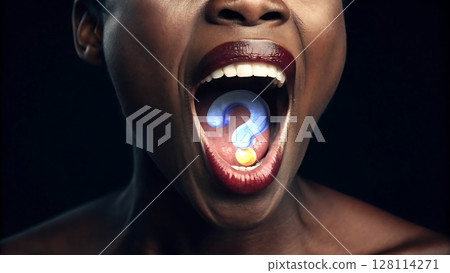 Woman with question mark in mouth expressing uncertainty and confusion 128114271