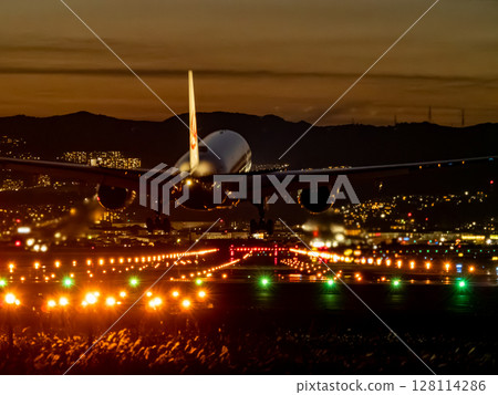 Jet plane landing at dusk Jet plane landing at dusk 128114286