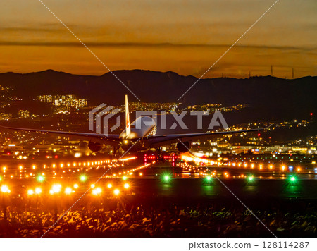 Jet plane landing at dusk Jet plane landing at dusk 128114287