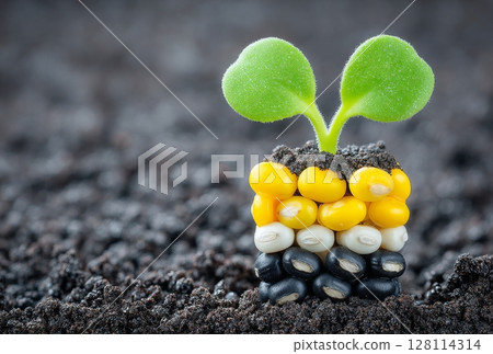 A close-up view of a Coriander microgreen sprout showcases the beginning of new life, highlighting the concept of healthy growth through germination at home 128114314