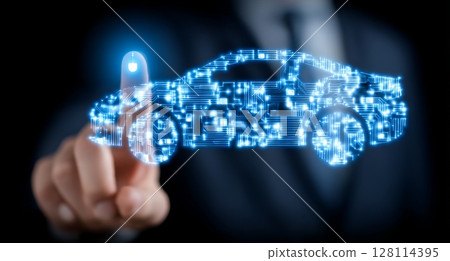 A modern electric vehicle is supplied with power from a holographic charging station, showcasing the innovative and eco-conscious aspects of alternative energy and advanced technology 128114395