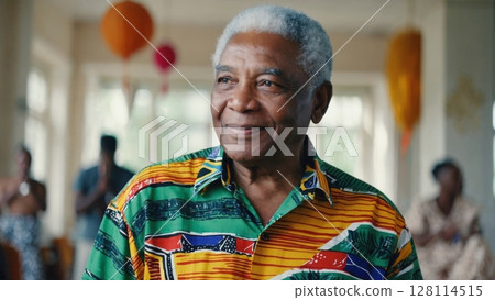 Elderly Black man smiles at local celebration during Nelson Mandela Day festivities Elderly Black man smiles at local celebration during Nelson Mandela Day festivities 128114515