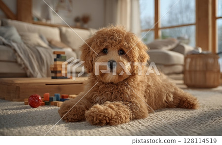 A happy family enjoys quality time together playing a board game in the comfort of their own home 128114519