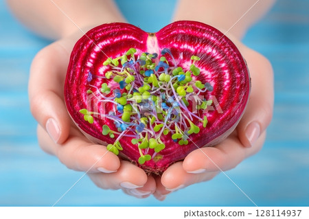 A microgreen beet is gently held in female hands on a wooden background 128114937