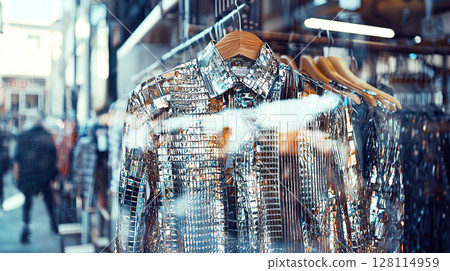 Shiny sequin shirt in fashion boutique display Shiny sequin shirt in fashion boutique display 128114959