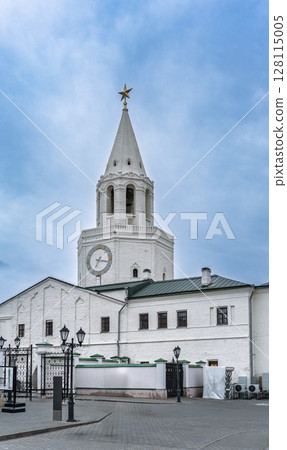 Spasskaya Tower in sunny summer day. Kazan Kremlin. Republic of Tatarstan. Kazan. Russia 128115005