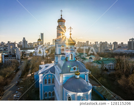 Spring or Autumn Yekaterinburg, Temple of the Ascension and Temple on Blood in beautiful clear sunset. Spring or Autumn Yekaterinburg, Temple of the Ascension and Temple on Blood in beautiful clear sunset. 128115206