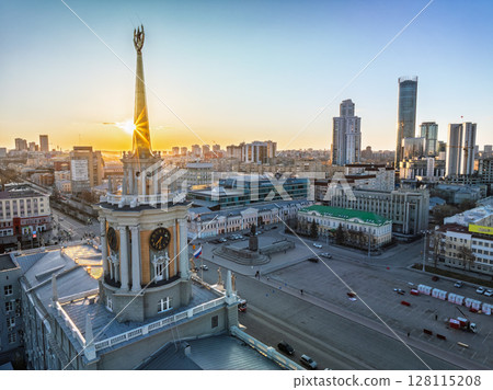 Yekaterinburg City Administration or City Hall. Central square. Evening city in the early spring, Aerial View. 128115208