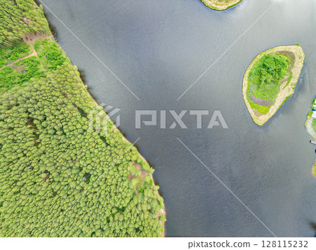 Aerial view of lake or river green shore with forest. Summer season. Aerial view of lake or river green shore with forest. Summer season. 128115232