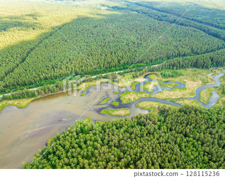 Aerial view of lake or river green shore with forest. Summer season. Aerial view of lake or river green shore with forest. Summer season. 128115236