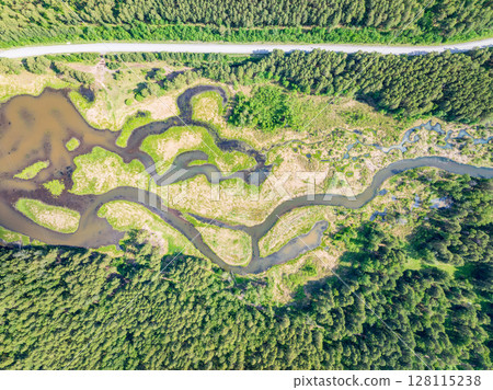 Aerial view of lake or river green shore with forest. Summer season. Aerial view of lake or river green shore with forest. Summer season. 128115238