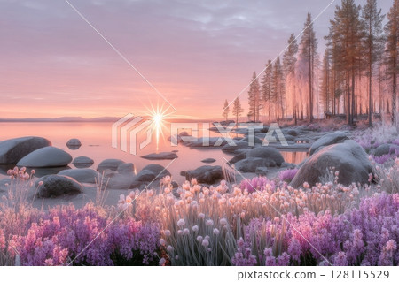 On a rock formation overlooking a serene lake at sunset, two Muskoka chairs are positioned, with sunlight filtering through the surrounding trees 128115529