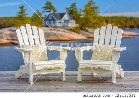 On a wooden dock, two Muskoka chairs are positioned to face a serene lake, with a white cottage surrounded by greenery visible across the water, and a boat dock situated in front of it 128115531