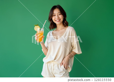 A refreshing smiling woman and a summer fruit drink | Summer image on a green background [Generative AI] 128115550