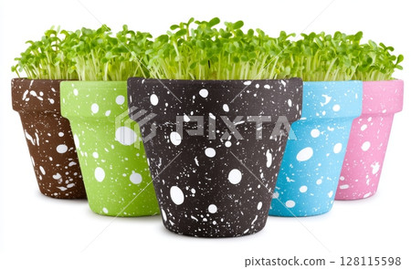 Vegan microgreens set featuring onion, pea, and beet green shoots sprouting in pots on a white background 128115598
