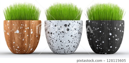 Micro onion green shoots sprout from seeds in a pot, captured in a closeup against a white background to emphasize the minimalist aesthetic of vegan microgreens 128115605