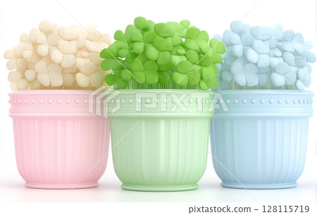 Microgreens and sprouts are displayed in pots against a white background, showcasing a vegan set of micro onion, pea, and beet green shoots to represent the concept of healthy eating through sprouted 128115719