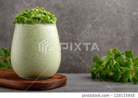 A green smoothie featuring spinach, mint, and young sprout microgreen is presented on a wooden board against a grey stone background, symbolizing a healthy food concept 128115938