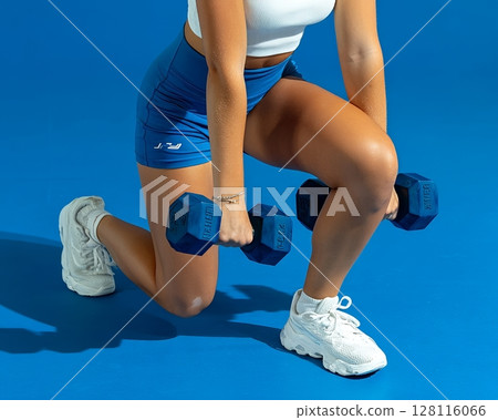 A woman is performing a lunge exercise while holding a dumbbell, which is a workout that strengthens the legs and glutes and also improves balance and stability 128116066