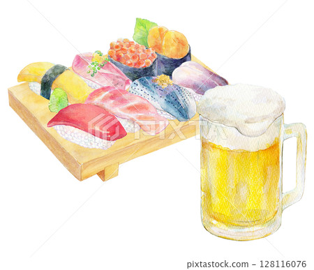 水彩插圖、手繪插圖、壽司店的飲料 128116076