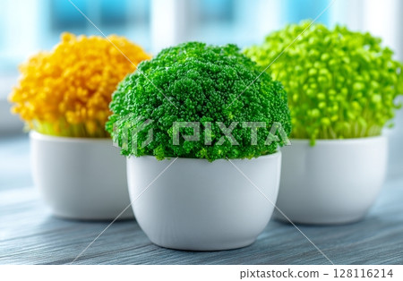 Four distinct microgreens are illuminated by sunlight, comprising sprouts of green lentils, garden cress, arugula, and broccoli, captured in a front view showcasing green seedlings, young plants, and 128116214