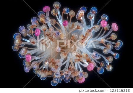 A round gathering of microgreen sprouts from radish, lucerne, and fenugreek is photographed from the top on a black background, providing space to add copy 128116218