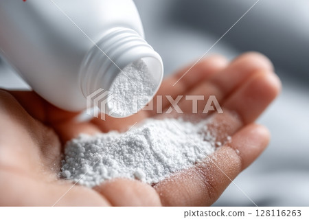 A mother is preparing baby powder in her hand while a 2-month-old baby boy lies on the bed 128116263