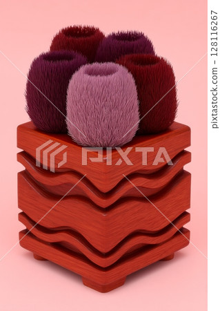 The wooden box holds a close-up of red cabbage microgreens, illustrating the sprouting of microgreens and the germination of seeds at home, a practice that supports vegan and healthy eating by 128116267