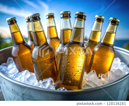 Close-up of a sizzling beer with water droplets 128116281