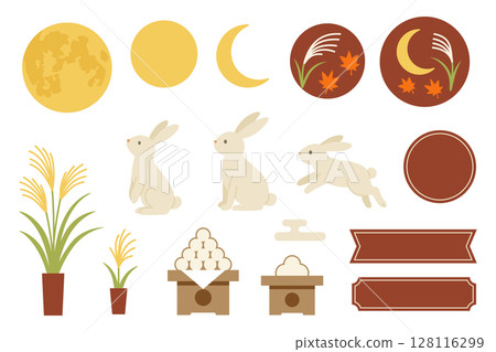 賞月兔與秋天插畫集 紅褐色 128116299