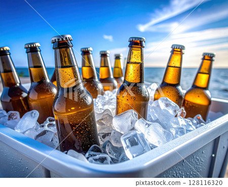 Close-up of a sizzling beer with water droplets 128116320