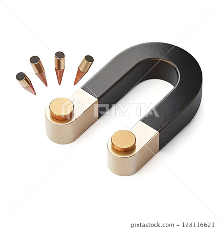 Magnetic force pulls five brass bullets toward sleek black and gold horseshoe magnet on clean white background 128116621