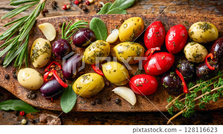 An assortment of gourmet olives with herbs, garlic and red peppers, arranged on a wooden serving board 128116623