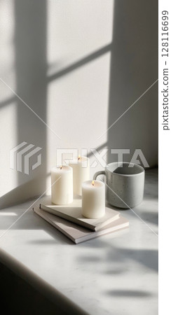 Home windowsill with burning candles and notebook creating calm atmosphere 128116699