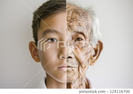 Split screen comparison of elderly and young asian man, concept of aging 128116700
