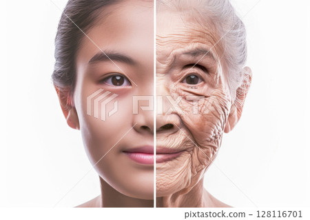 Split screen comparison of elderly and young Asian Korean woman, concept of aging 128116701