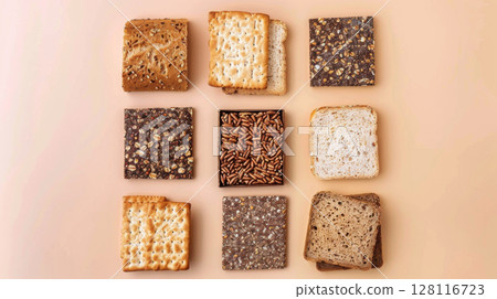 Varieties of flatbread and whole grain toast arranged as background 128116723
