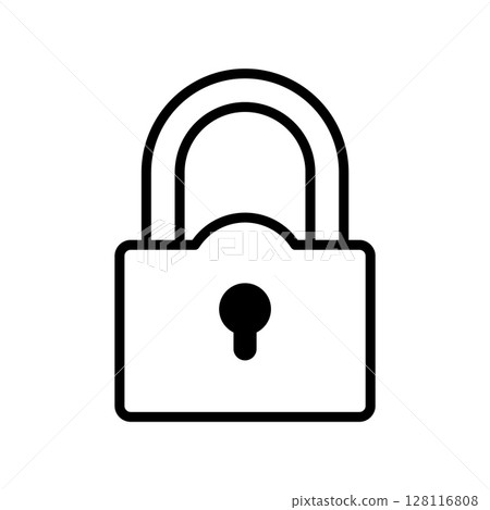 Closed, rectangular padlock with a keyhole and shackle, isolated on a white background. 128116808