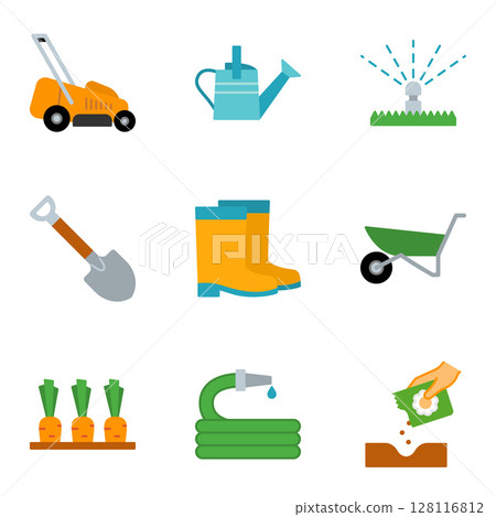 Colorful Farming and Gardening Tools Icon Set. 128116812